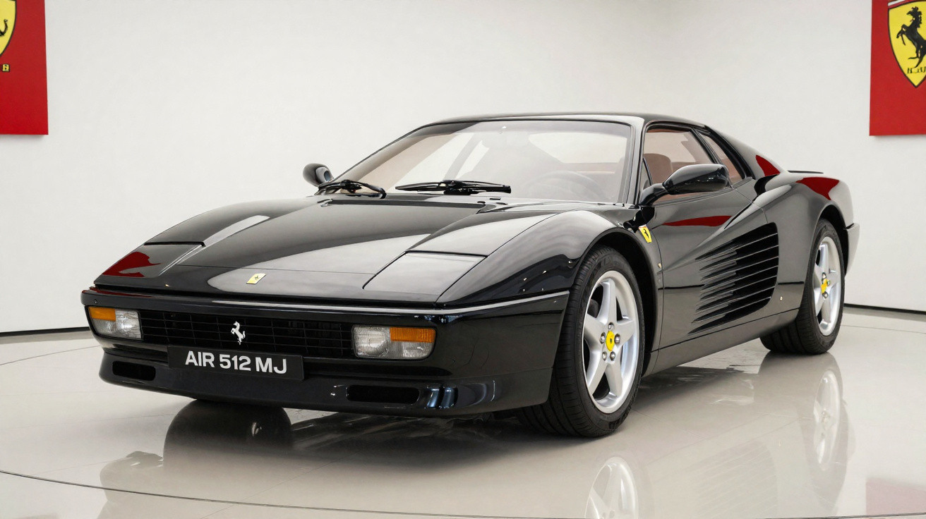 Carro esportivo Ferrari preto modelo clássico em exposição interna com placas AIR 512 MJ.