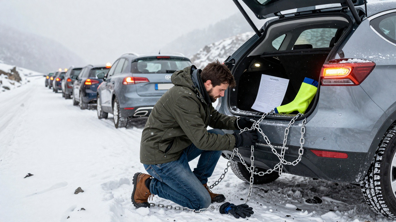 Homem colocando correntes nos pneus de um carro cinza na estrada nevada com fila de veículos ao fundo.