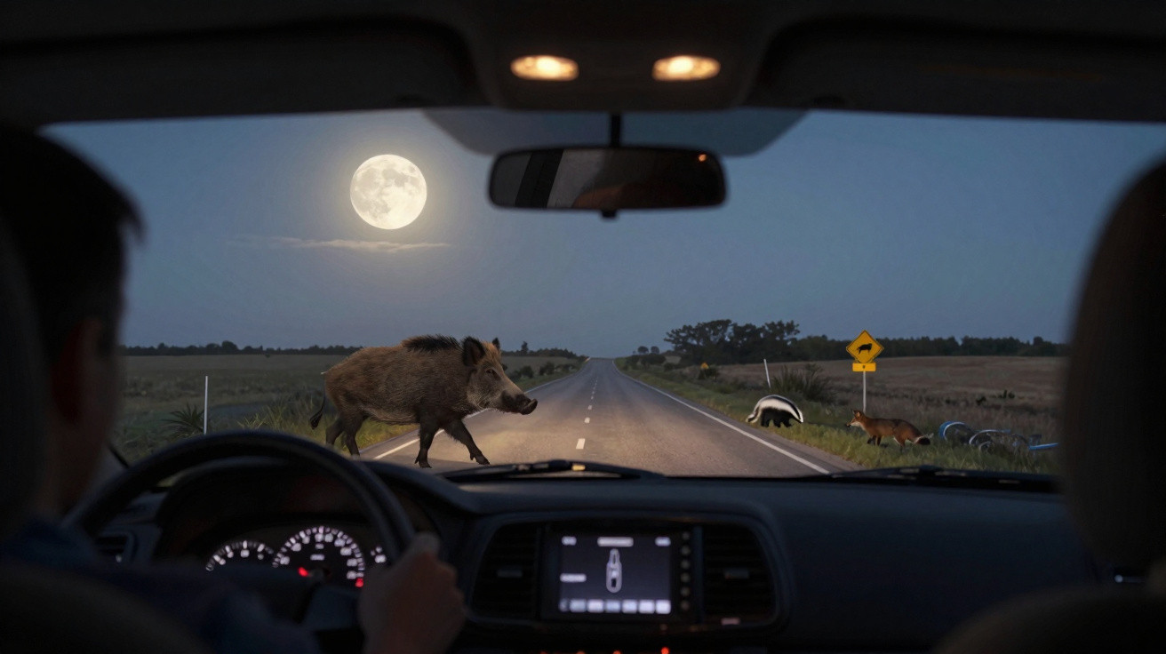 Visão noturna pela janela do carro, javali atravessa estrada sob lua cheia, com placas de alerta de animais.