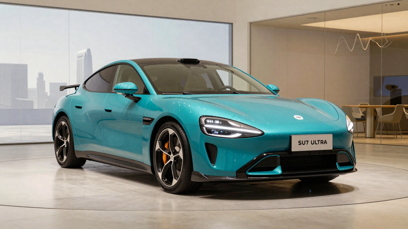 Carro esportivo elétrico azul turquesa SU7 Ultra em exposição em ambiente moderno interno.
