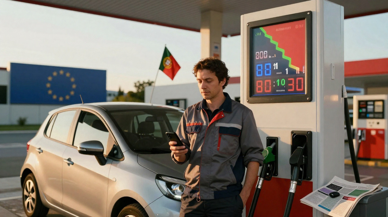 Homem em uniforme verifica celular ao lado de bomba de gasolina em posto com bandeiras da UE e Portugal ao fundo.