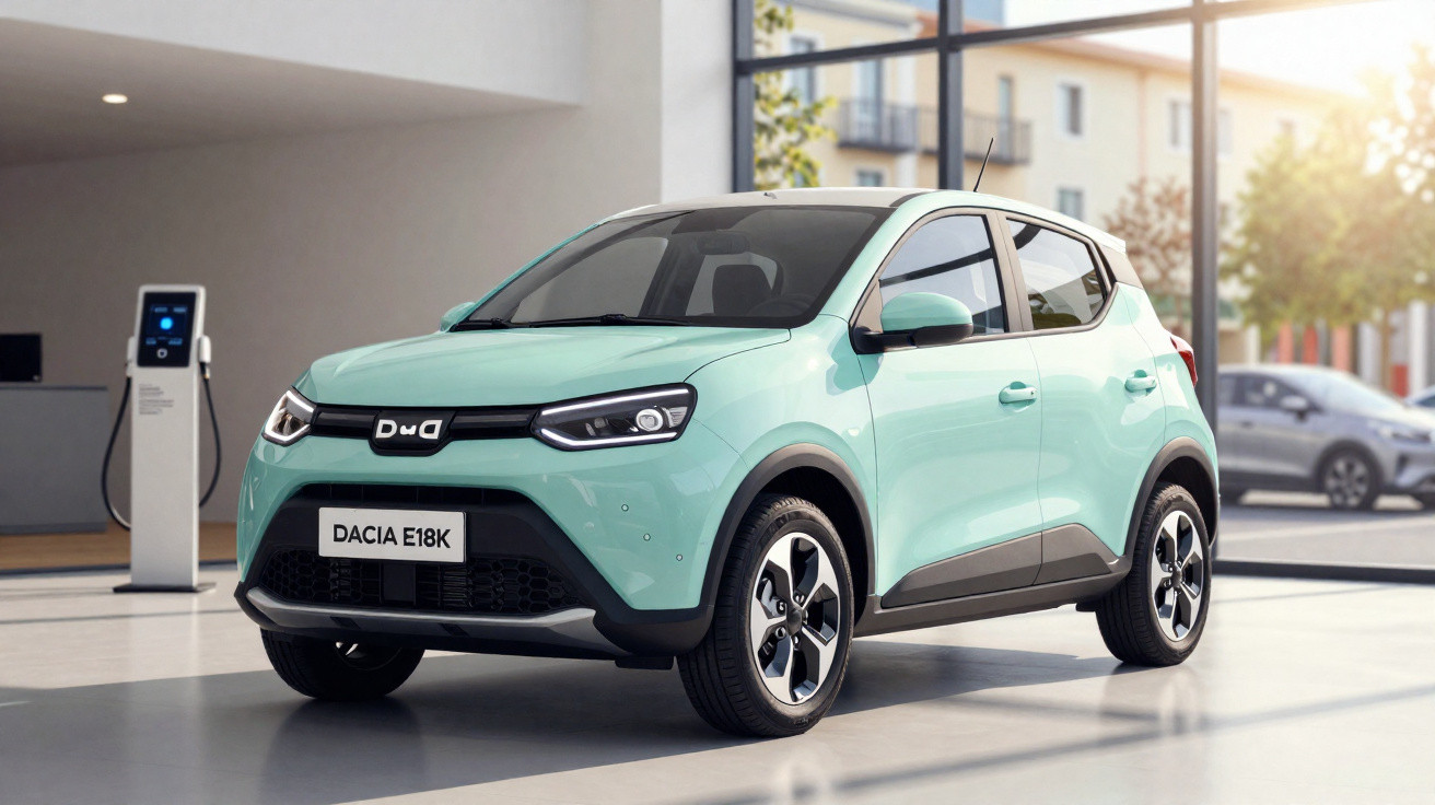 Carro elétrico compacto Dacia E18K verde claro em showroom moderno com estação de recarga ao fundo.