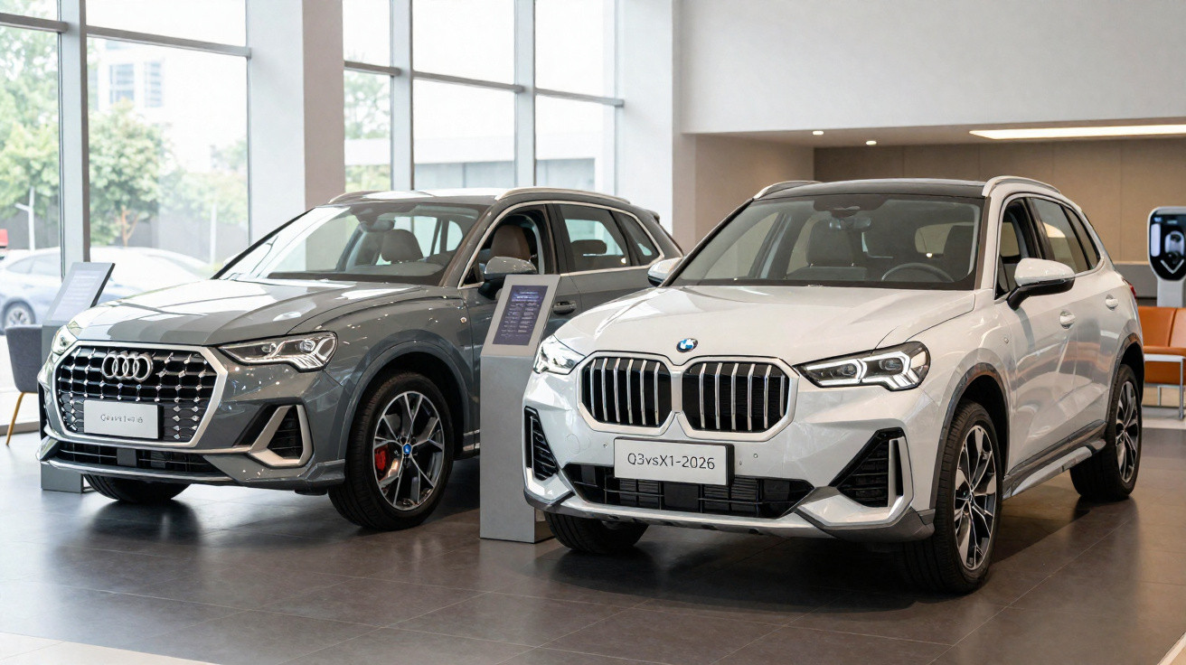 Dois SUVs novos, Audi cinza e BMW branco, expostos em um showroom moderno com piso cinza.