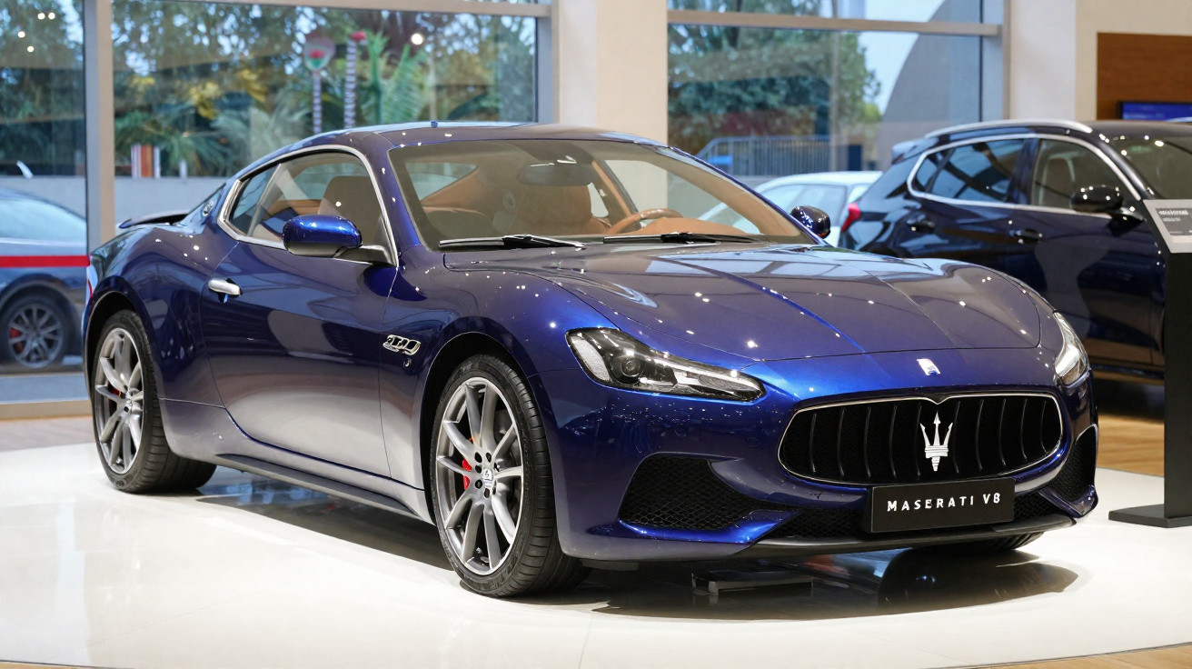 Carro esportivo Maserati V8 azul exibido em salão de automóveis com interior bege.