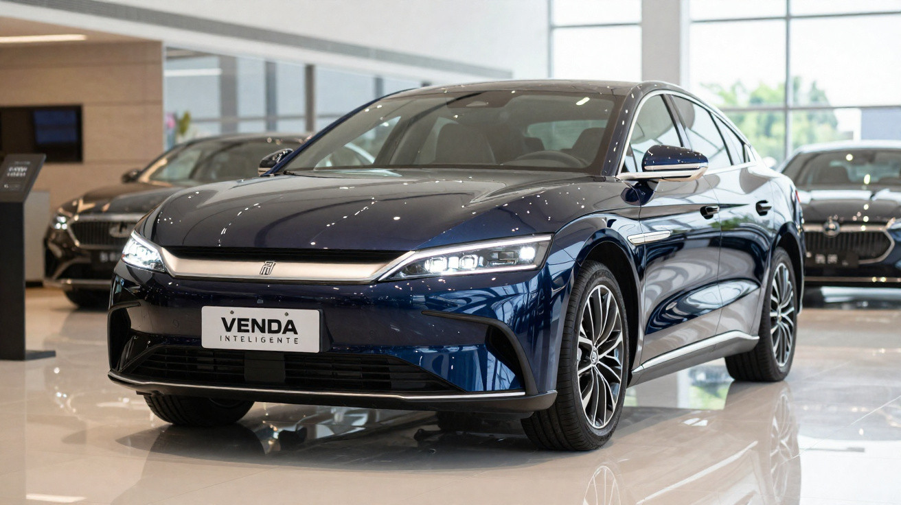 Carro sedan azul escuro elétrico em exposição dentro de showroom moderno e iluminado.