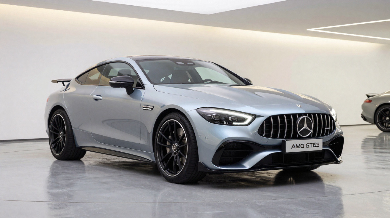 Carro esportivo Mercedes-Benz AMG GT63 prata exibido em showroom com fundo branco e piso cinza.