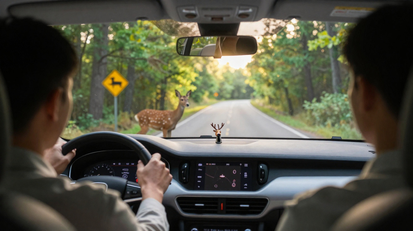 Vista interna de carro com motorista e passageiro, veado cruzando estrada com sinalização de animais selvagens.