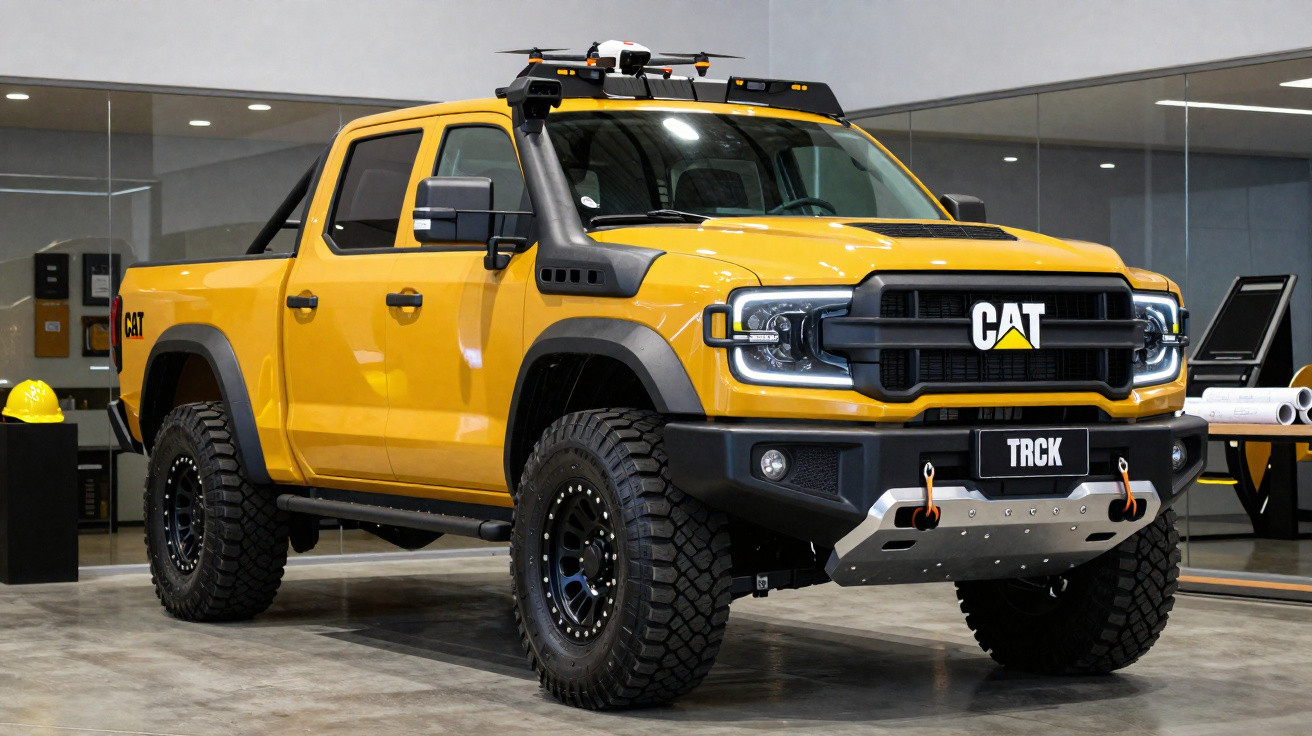 Picape amarela CAT TRCK equipada para off-road, em ambiente interno moderno e iluminado.