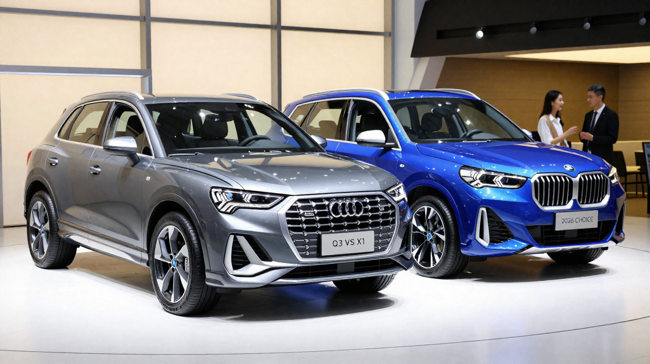 Dois carros SUV em exposição, um Audi cinza e um BMW azul, com duas pessoas conversando ao fundo.
