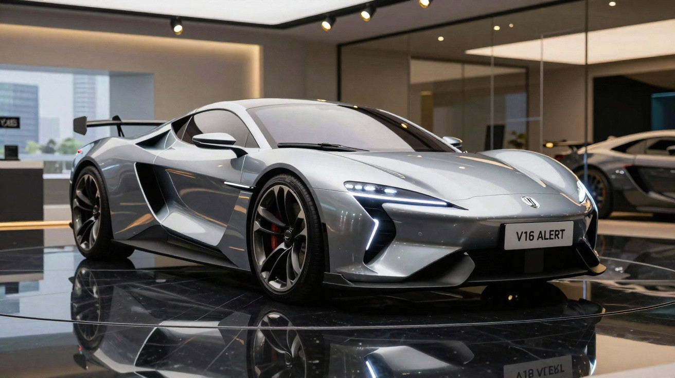 Carro esportivo cinza metálico McLaren V16 Alert exposto em showroom moderno com piso refletivo.