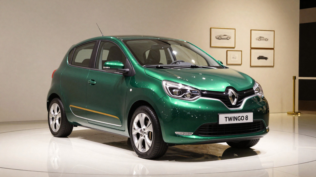 Carro compacto Renault Twingo 8 verde em exposição em ambiente interno iluminado.
