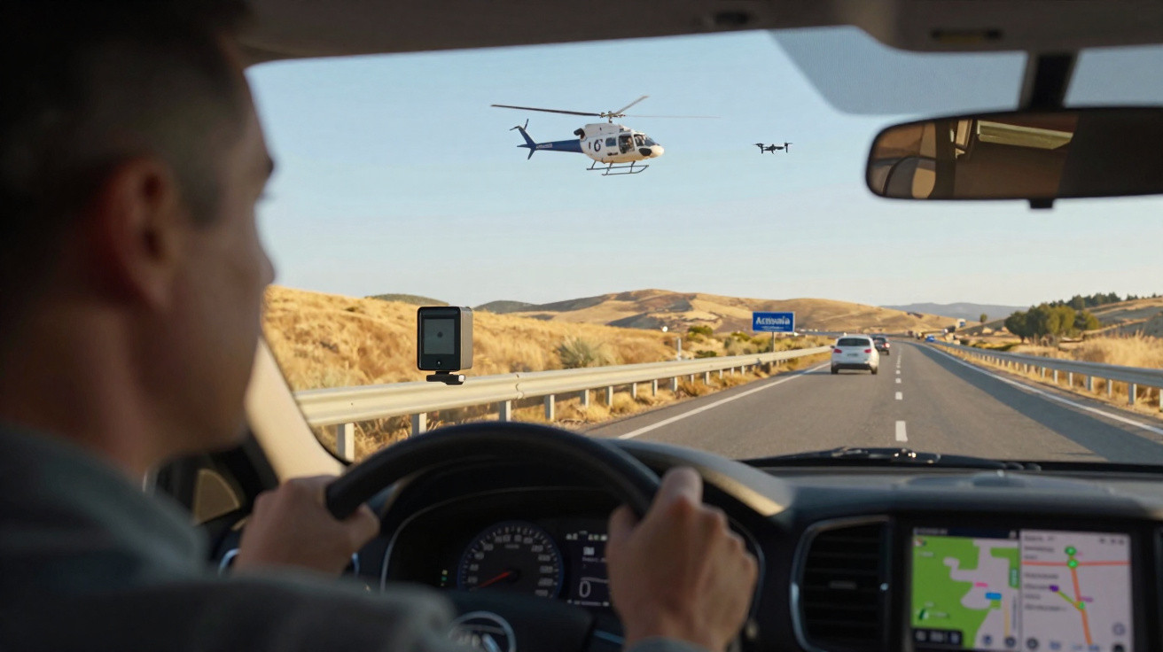 Homem dirige carro em estrada enquanto helicóptero e drone voam ao fundo em área rural.