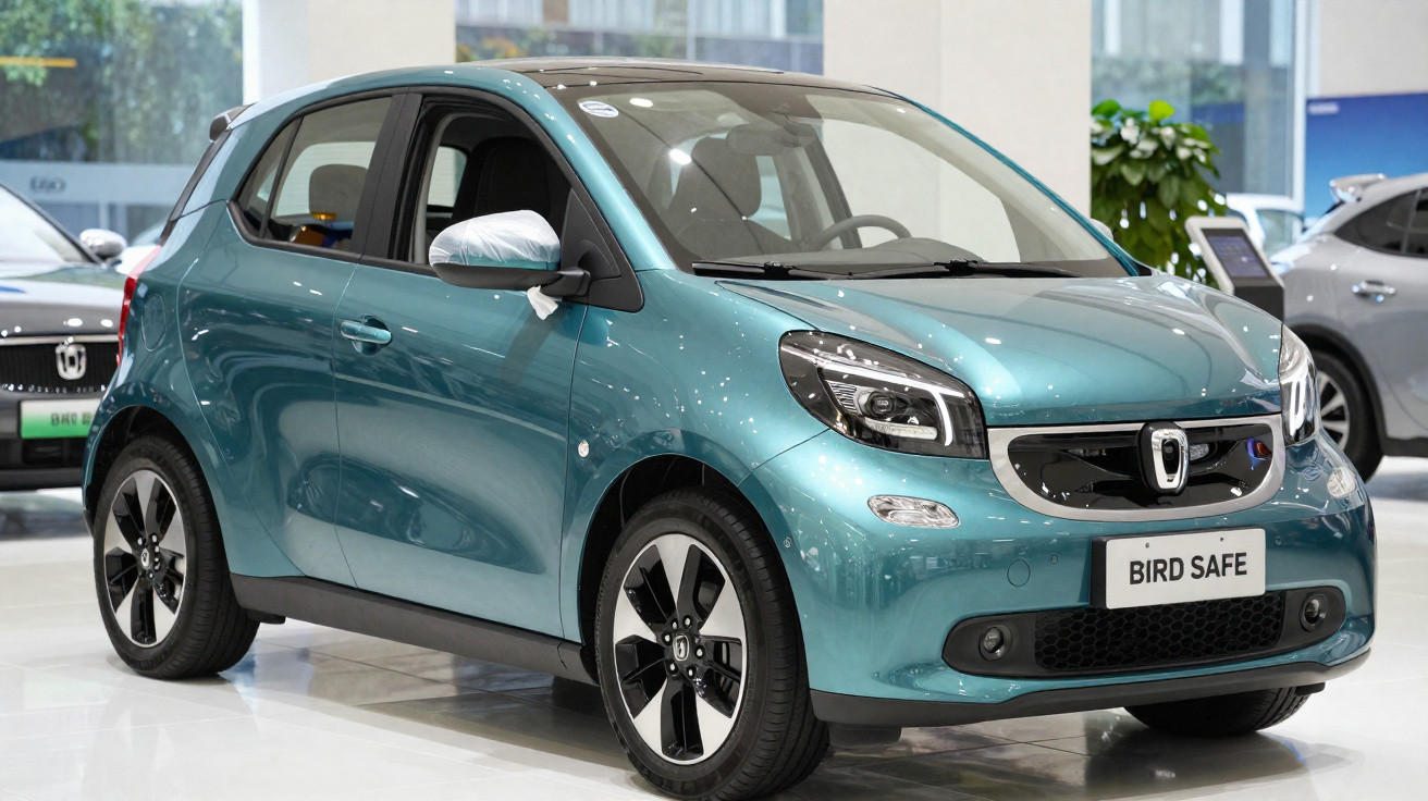 Carro compacto elétrico azul metálico modelo Bird Safe exposto em showroom moderno.
