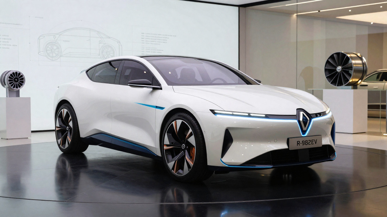 Carro elétrico branco Renault exposto em showroom moderno com iluminação clara e design futurista.