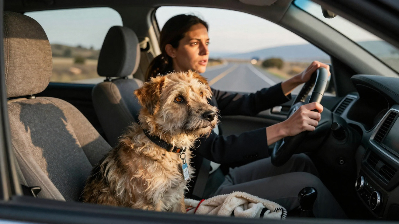 Mulher dirigindo carro com cachorro de pelo longo e desgrenhado no banco do passageiro.