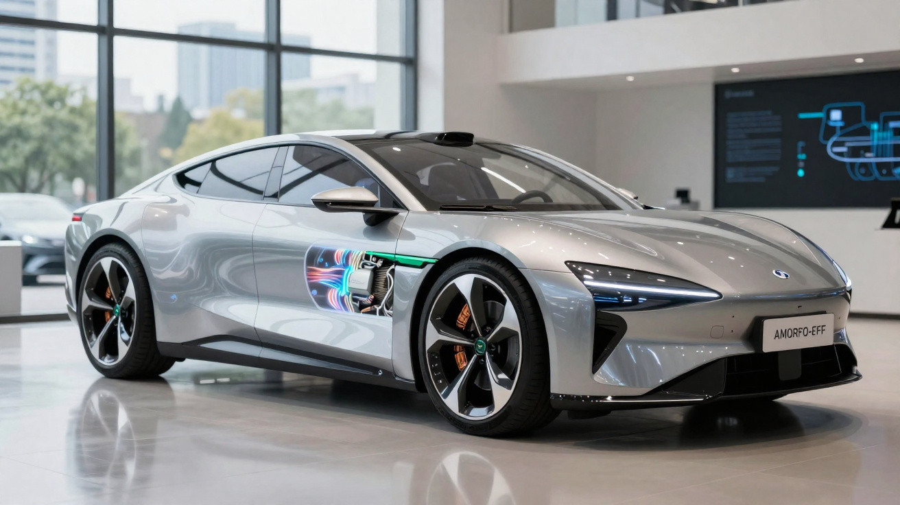 Carro elétrico esportivo cinza prata com design futurista exposto em salão moderno.
