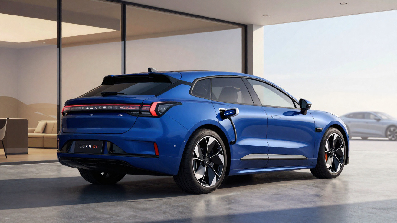 Carro elétrico azul ZEKR GT estacionado em garagem moderna com plugue conectado para recarga.