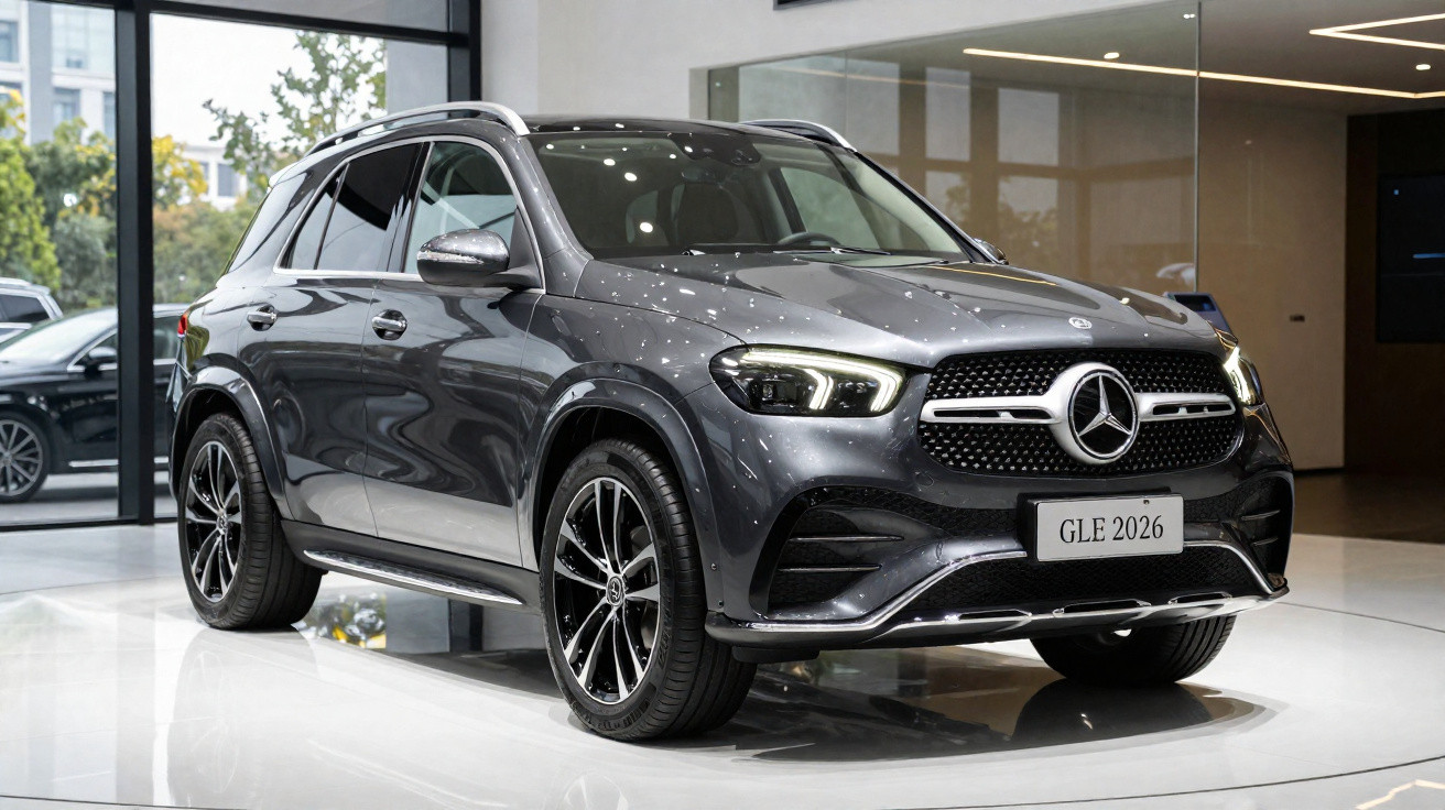 Carro SUV Mercedes-Benz GLE 2026 cinza escuro em showroom com piso branco e vidros grandes.
