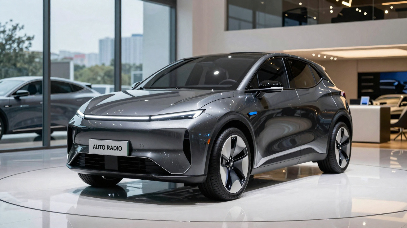Carro elétrico cinza moderno exibido em showroom com piso branco e luzes refletidas na lataria.