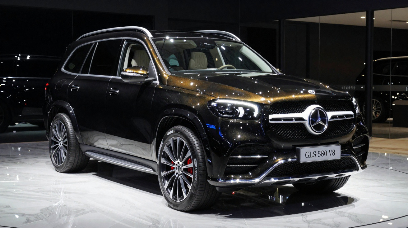 SUV Mercedes-Benz GLS 580 V8 preto em exposição sob luzes brilhantes.