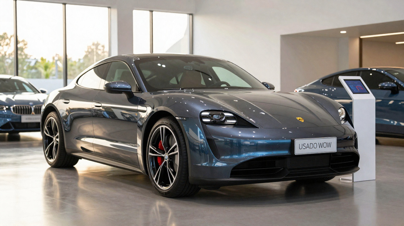 Carro esportivo cinza escuro Porsche em showroom com placa indicando "Usado Wow".