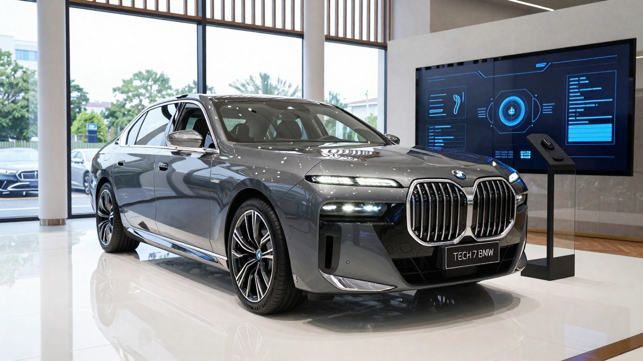 BMW cinza escuro exibido em showroom moderno com tela digital ao fundo.
