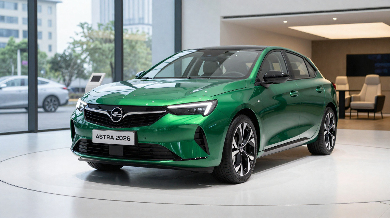 Carro verde modelo Astra 2026 em exibição dentro de showroom moderno com teto branco e poltronas ao fundo.