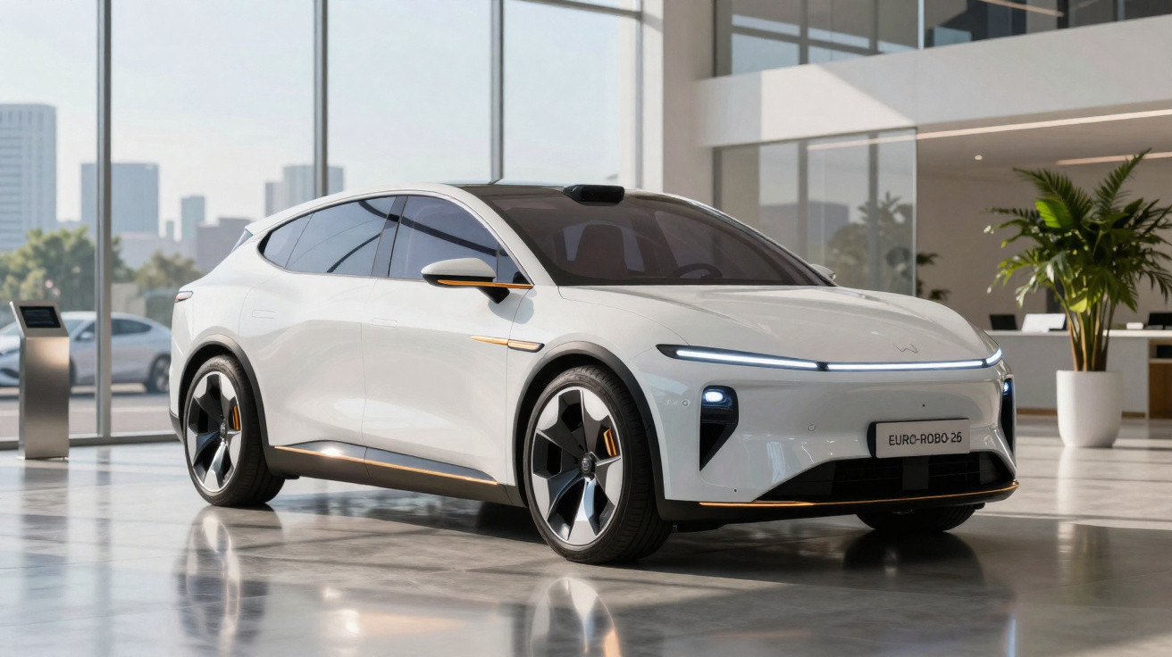 Carro elétrico branco futurista estacionado em showroom moderno com janelas grandes.
