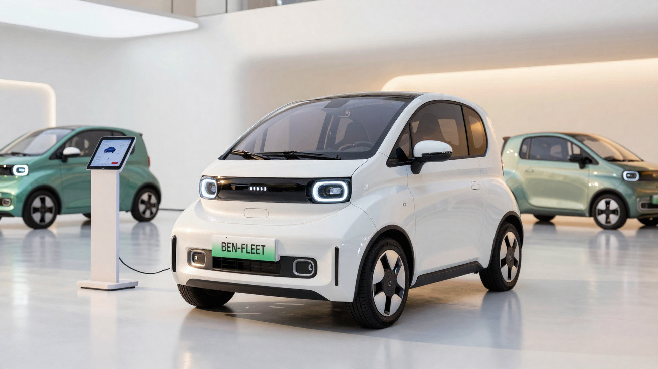 Carro elétrico compacto branco em carregador, com dois carros verdes ao fundo em ambiente claro.