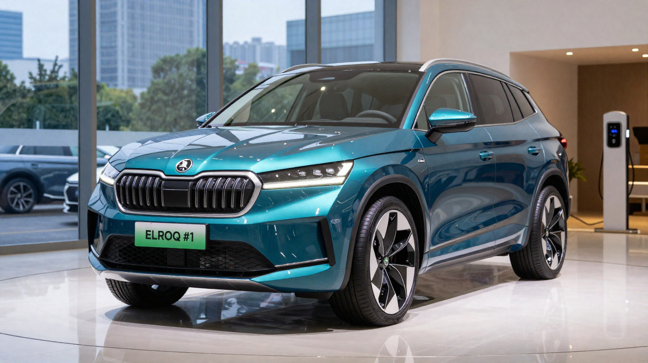 Carro elétrico SUV azul exibido em showroom moderno com carregador ao fundo.