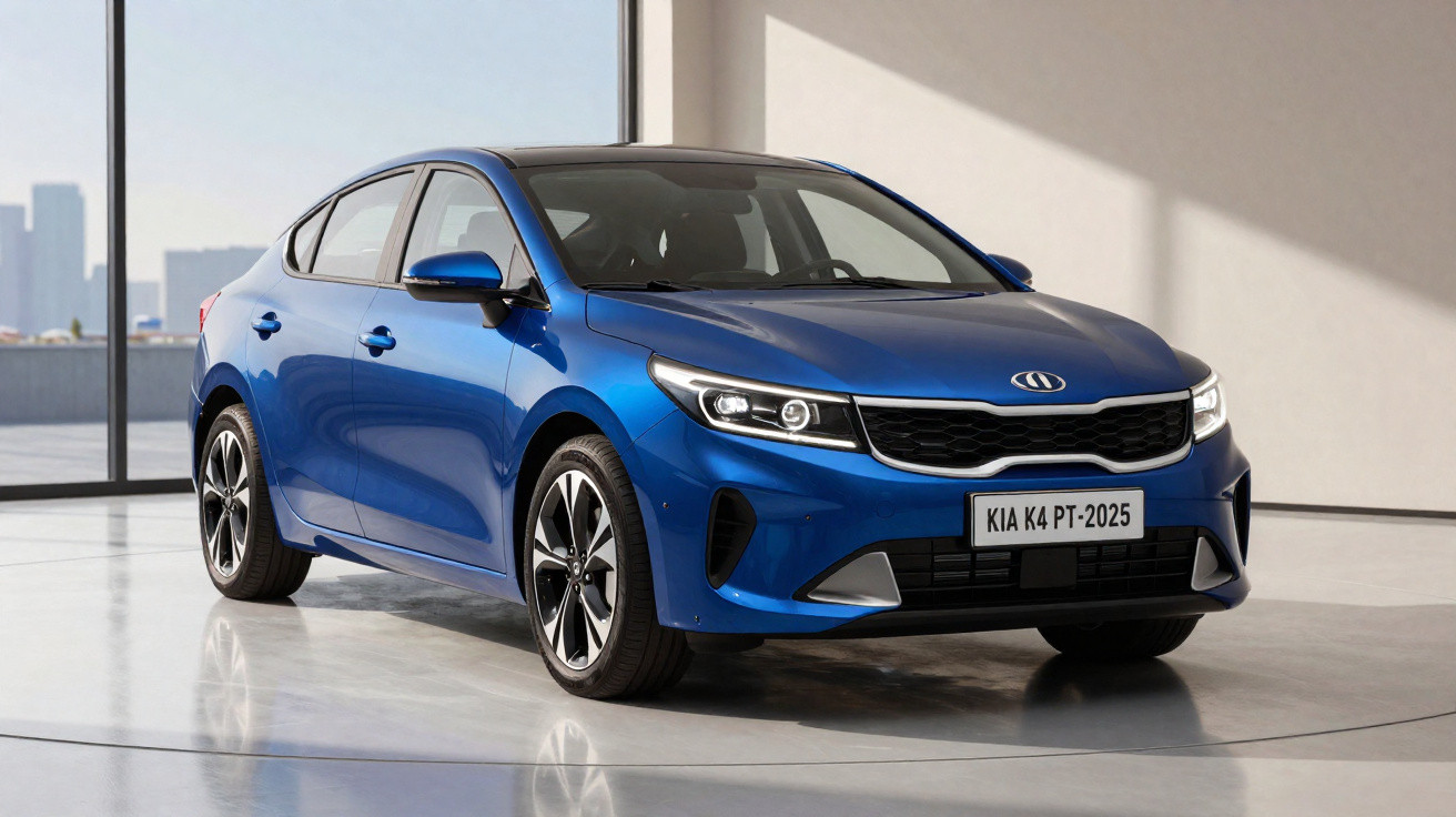 Carro sedã azul Kia K4 com design moderno estacionado em ambiente interno com luz natural.