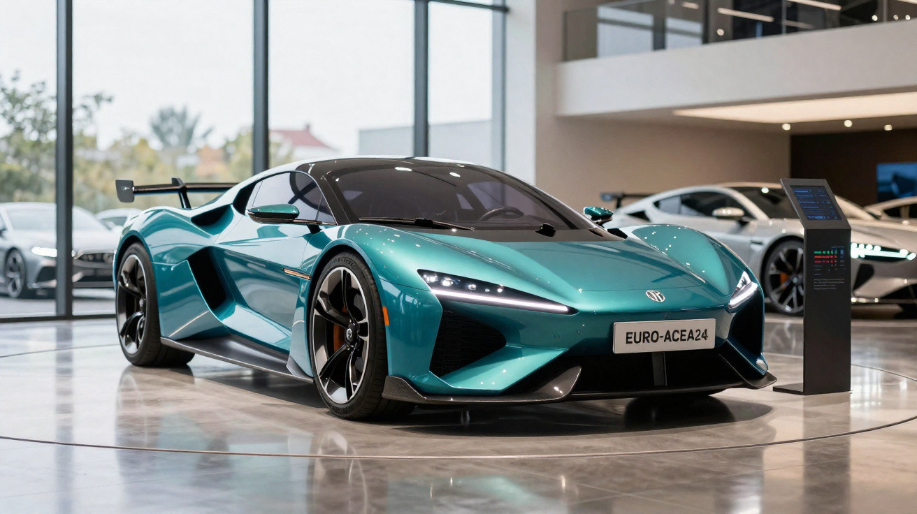 Carro esportivo azul metálico com design aerodinâmico exposto em showroom moderno.