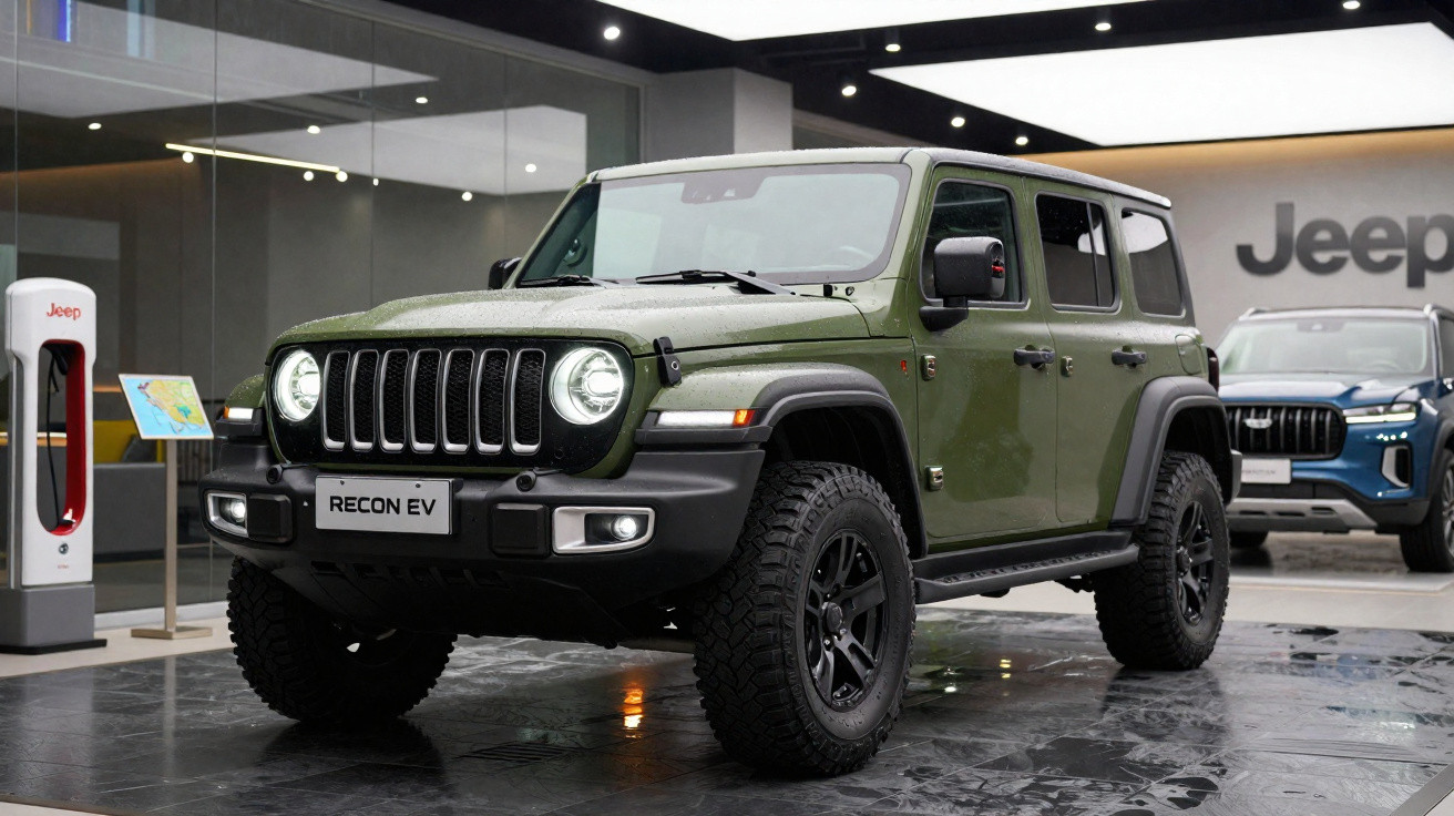 SUV Jeep Recon EV verde militar estacionado em showroom moderno com outro carro ao fundo.