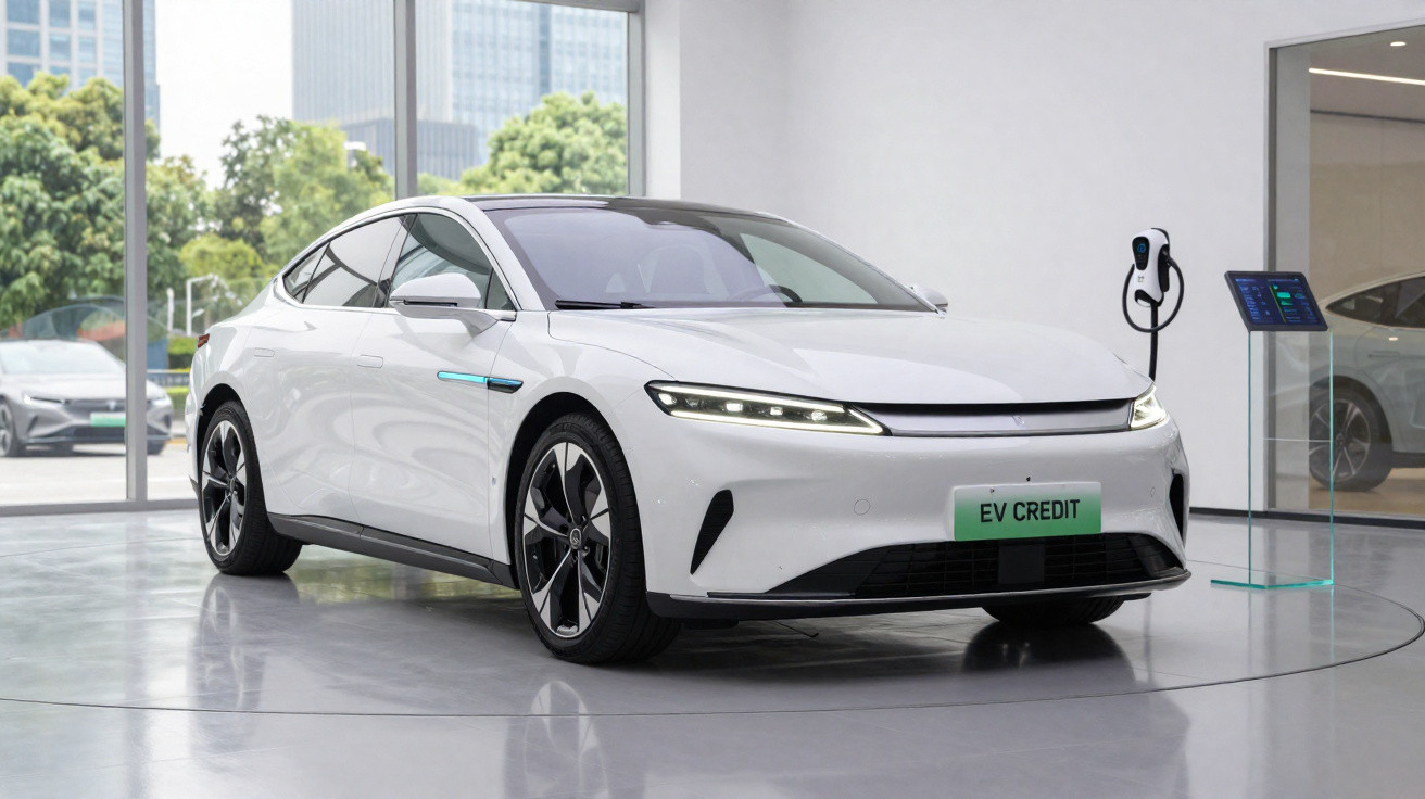 Carro elétrico branco exibido em showroom moderno, com estação de recarga ao lado e placas "EV CREDIT".