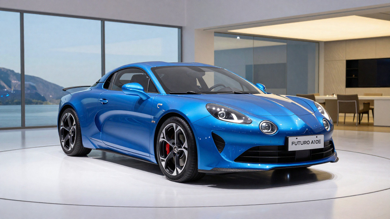 Carro esportivo azul futurista exibido em ambiente interno moderno e iluminado, com janela e vista para montanhas.