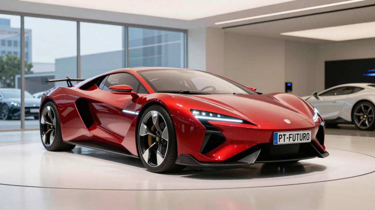 Carro esportivo vermelho brilhante em exposição, com design moderno e aerodinâmico, placa PT-FUTURO.
