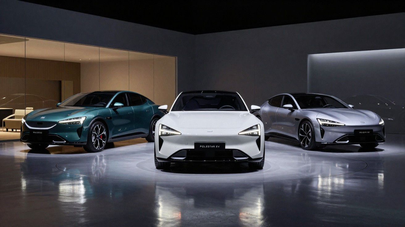 Três carros elétricos Polestar EV expostos em ambiente moderno e iluminado, branco, azul e cinza.