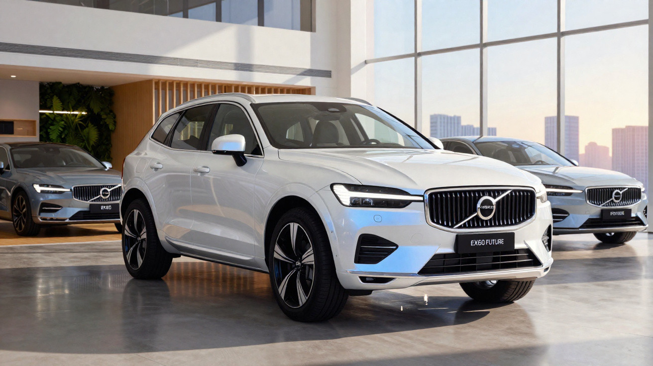 Carro Volvo branco modelo EX60 Future em showroom moderno com grandes janelas e outros carros ao fundo.