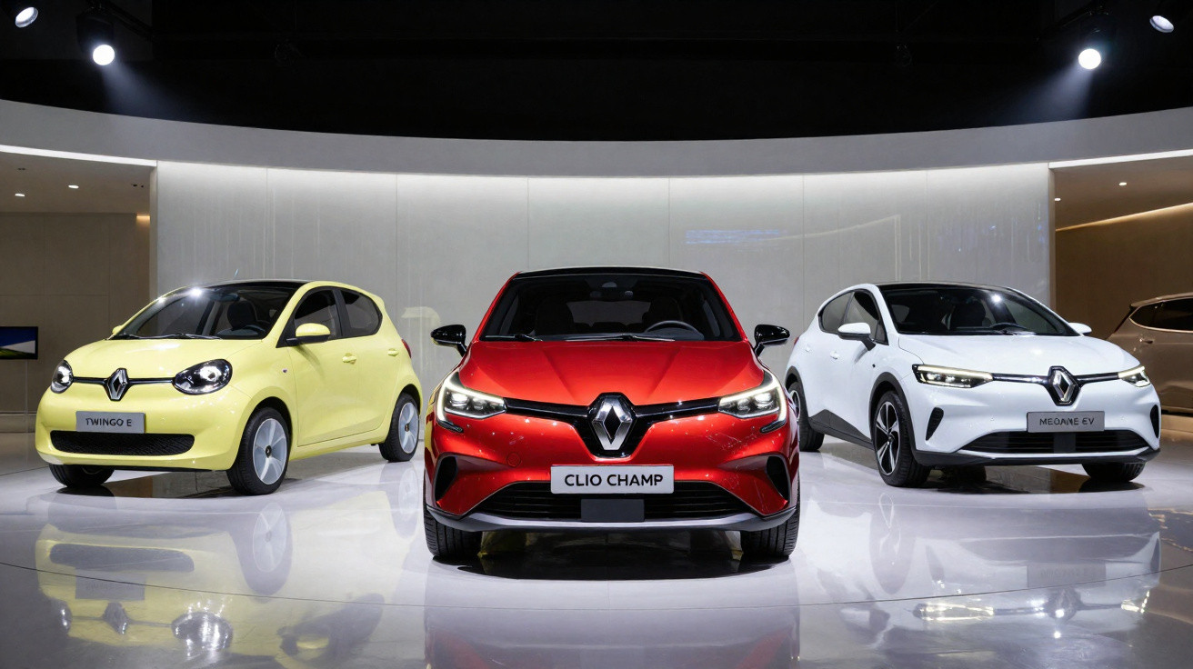 Três carros Renault elétricos expostos, modelos Twingo E amarelo, Clio Champ vermelho e Megane E-Tech branco.