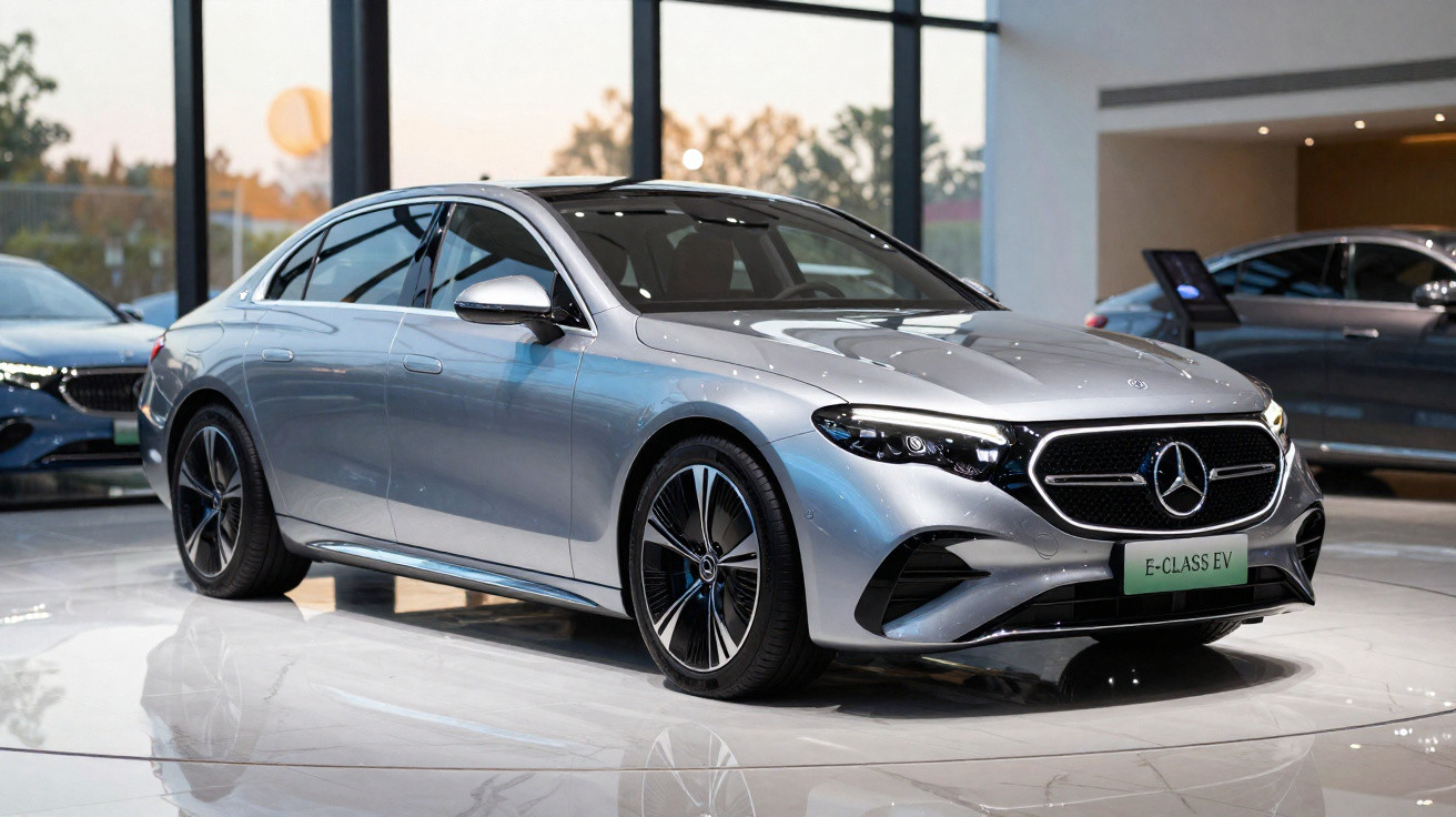 Carro elétrico prata Mercedes-Benz E-Class EV exibido em showroom moderno com grandes janelas.