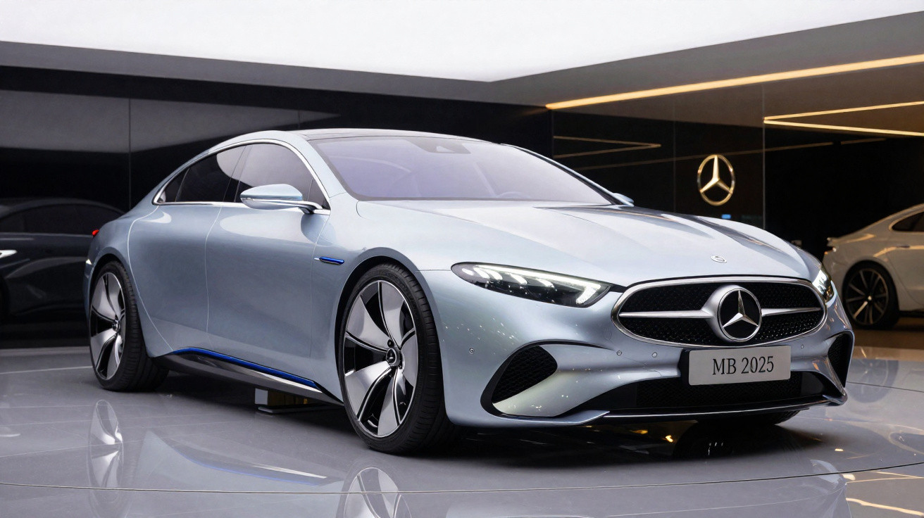 Carro sedan prata Mercedes-Benz futurista exposto em showroom moderno com luzes LED.