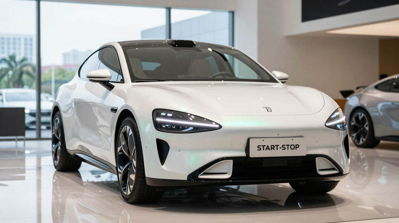 Carro elétrico branco exibido em showroom moderno com placa "START-STOP" na frente.
