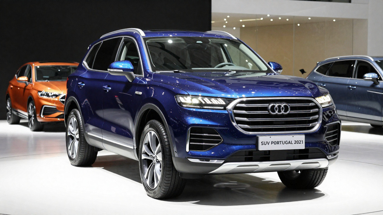 SUV azul escuro da Audi em exposição, com carros ao fundo em salão automotivo.