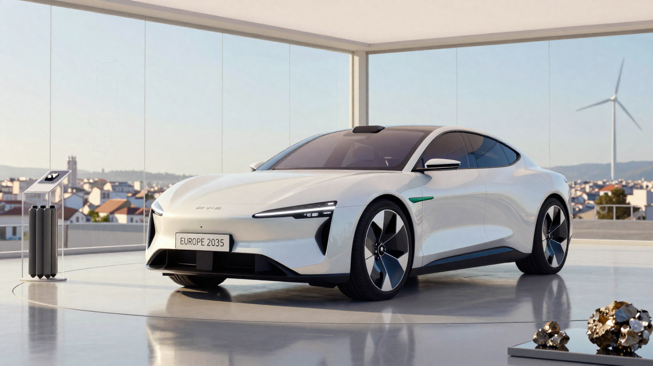 Carro elétrico branco futurista em exposição moderna com vidro panorâmico e turbina eólica ao fundo.