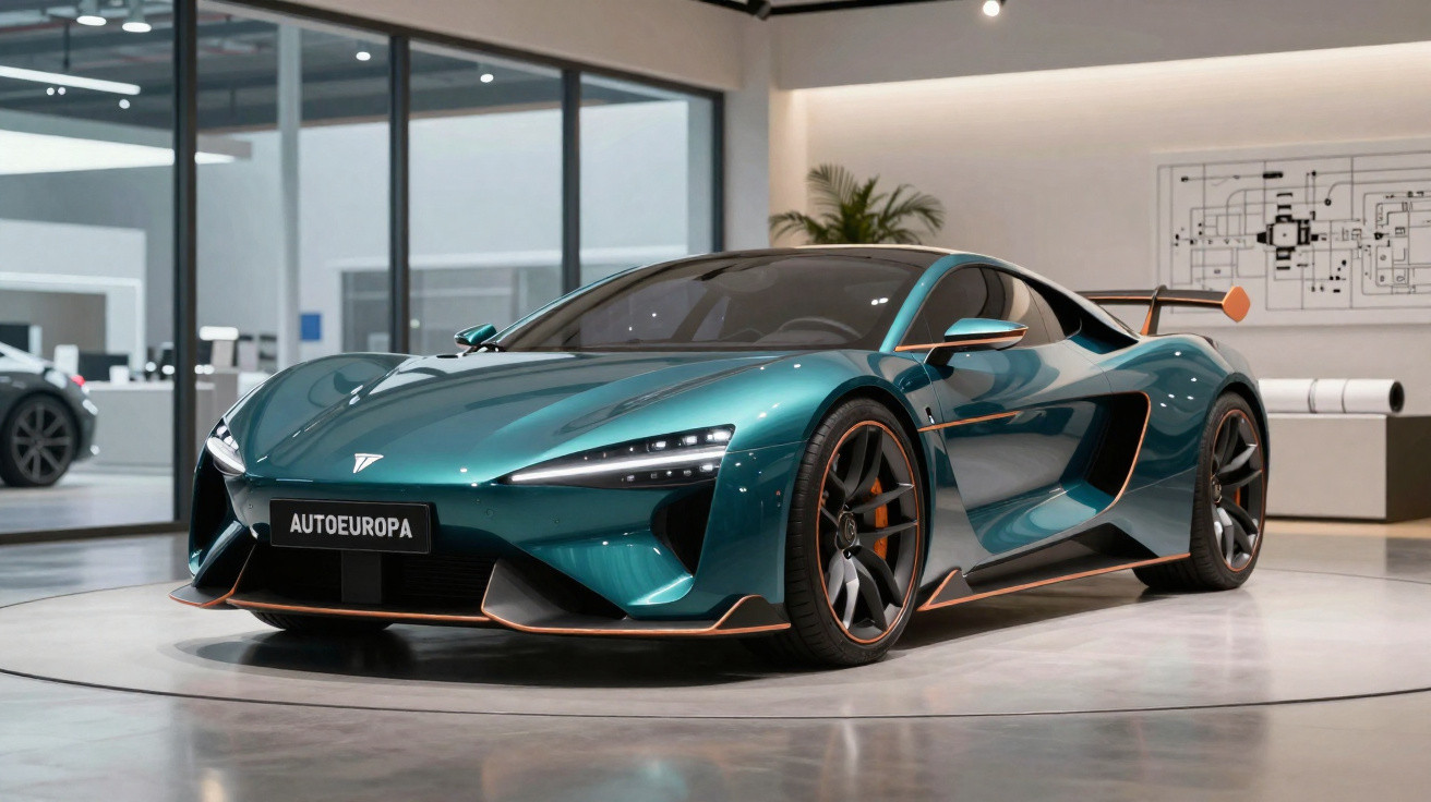 Carro esportivo elétrico azul metálico em exposição moderna com iluminação interna.