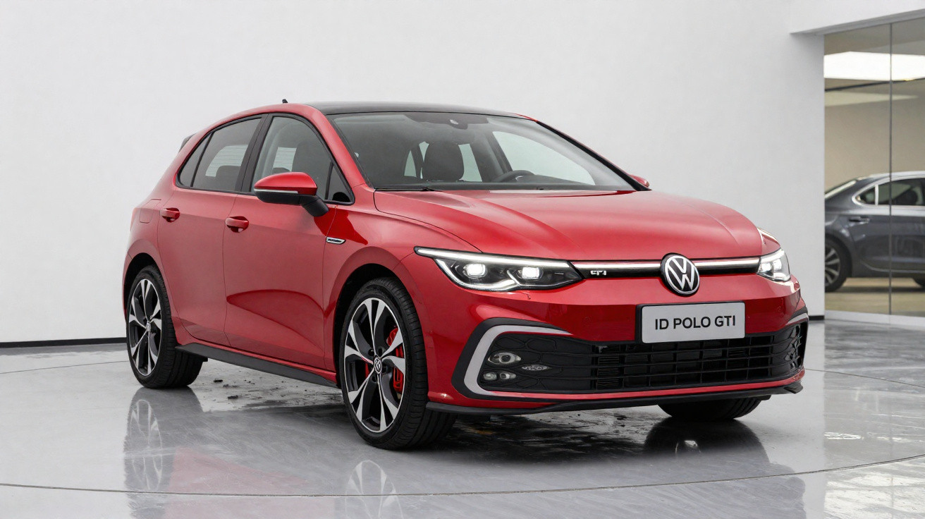 Carro VW ID Polo GTI vermelho exposto em ambiente interno com piso branco brilhante.