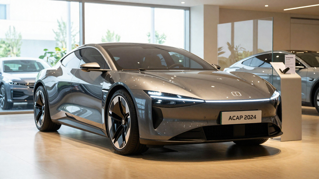 Carro esportivo elétrico cinza estacionado em showroom com placa ACAP 2024, iluminação moderna e janelas amplas.
