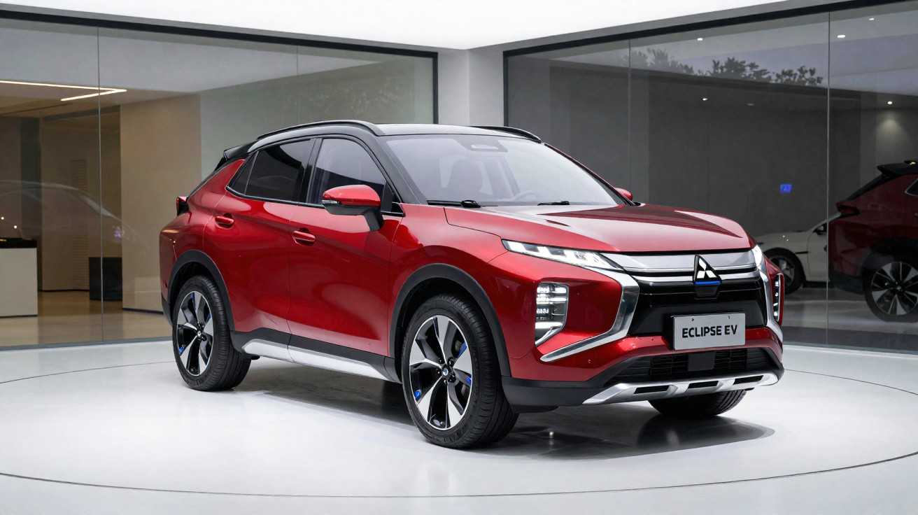 Carro SUV elétrico vermelho Mitsubishi Eclipse EV exibido em ambiente interno moderno.