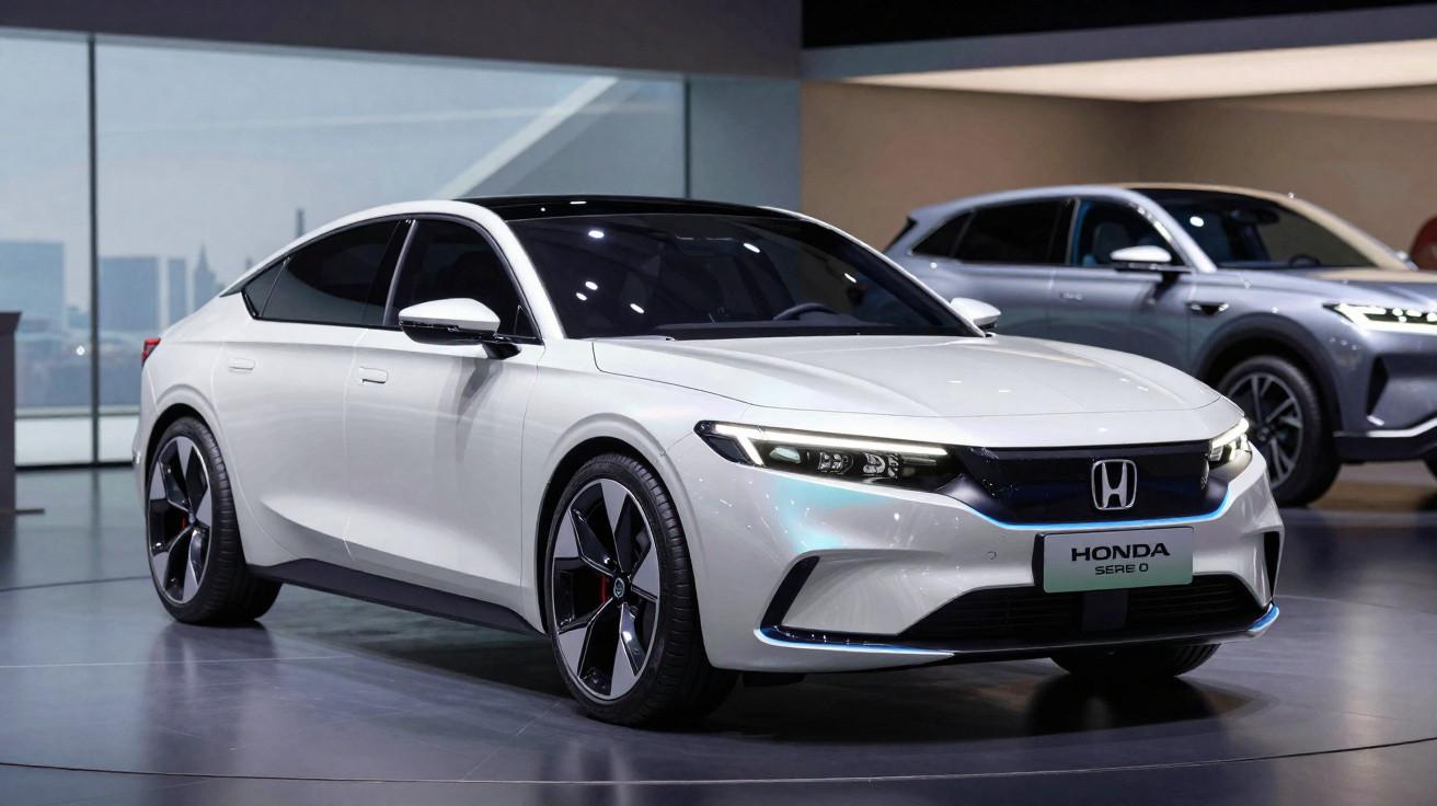 Carro elétrico Honda Série 0 branco em exposição, design moderno e aerodinâmico em showroom.