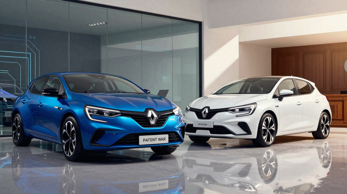 Dois carros Renault hatch, um azul e um branco, em showroom moderno com piso refletivo.